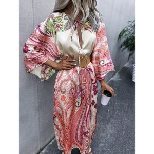 Boho Tie Neck Batwing Sleeves Loose Fit Tunic Maxi Dress